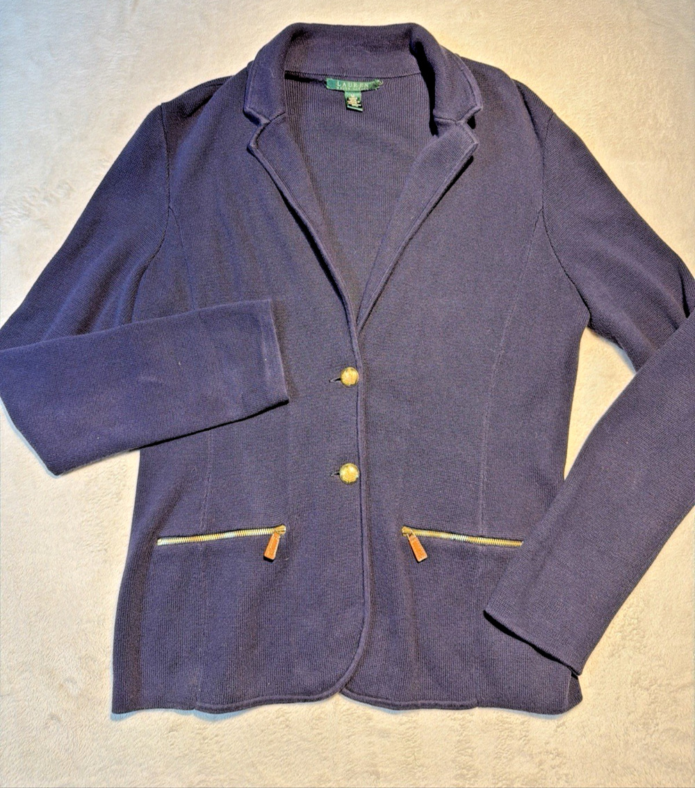 Lauren Ralph Lauren Knit Blazer Jacket Purple Gold Button Preppy Old Money M